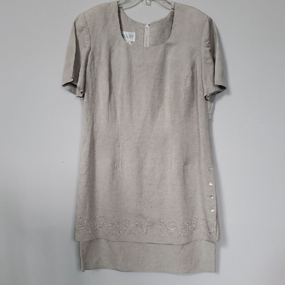 Plaza South Dress Womens 18 Linen Blend Fitted Shift with Embroidered Double Hem